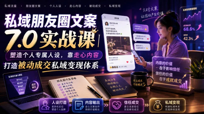私域朋友圈文案7.0实战课｜塑造个人专属人设，靠走心内容打造被动成交私域变现体系 一点学习助手-零基础自学教程-副业项目-兴趣学习-网盘拉新平台-英语启蒙项目资源网