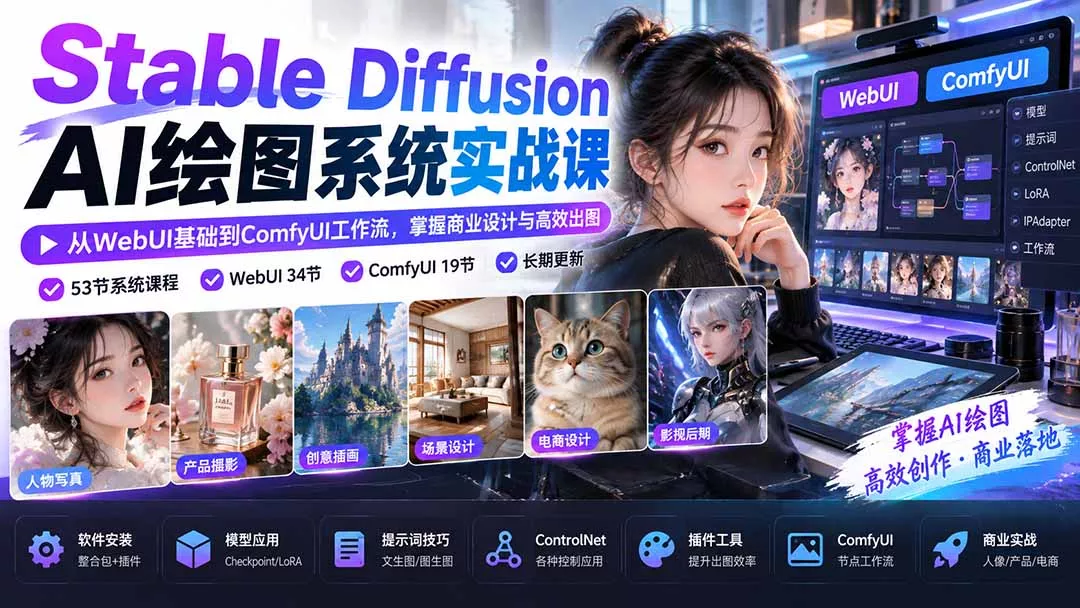 【无水印】Stable Diffusion AI绘图系统实战课：从WebUI基础到ComfyUI工作流，掌握商业设计与高效出图 一点学习助手-零基础自学教程-副业项目-兴趣学习-网盘拉新平台-英语启蒙项目资源网