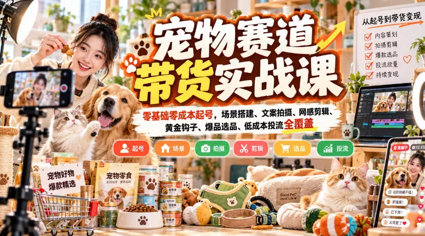 宠物赛道带货实战课，零基础零成本起号，场景搭建、文案拍摄、网感剪辑、黄金钩子、爆品选品、低成本投流全覆盖 一点学习助手-零基础自学教程-副业项目-兴趣学习-网盘拉新平台-英语启蒙项目资源网