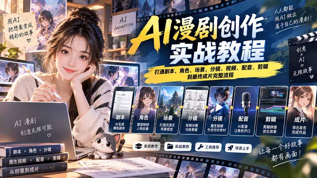 2026 AI漫剧创作实战教程：打通剧本、角色、场景、分镜、视频、配音、剪辑到最终成片完整流程 一点学习助手-零基础自学教程-副业项目-兴趣学习-网盘拉新平台-英语启蒙项目资源网