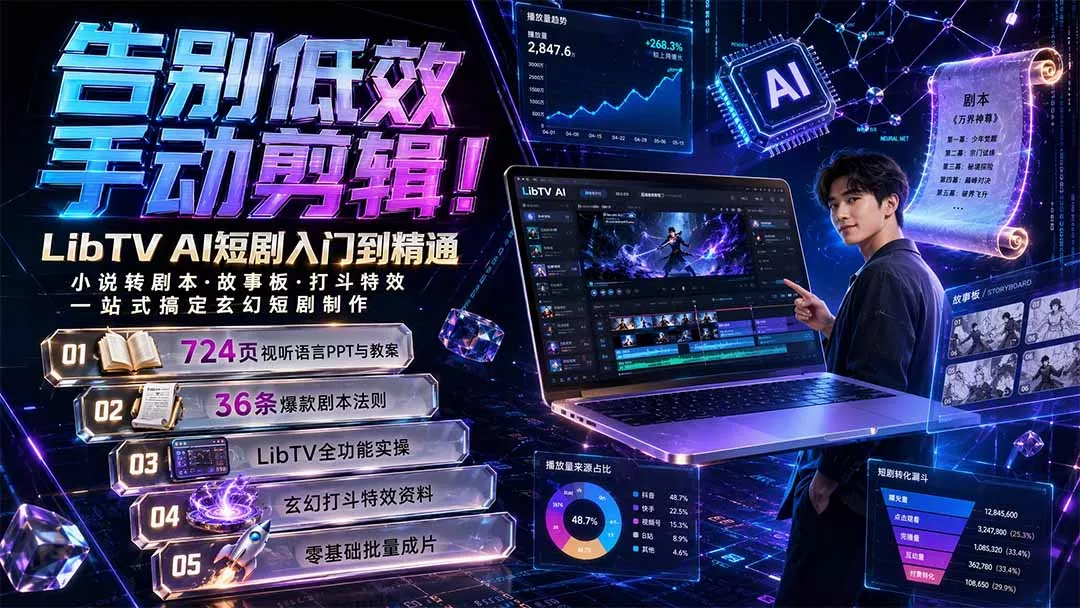 告别低效手动剪辑！LibTV AI短剧入门到精通，小说转剧本方法，故事板打斗特效一站式搞定玄幻短剧制作 一点学习助手-零基础自学教程-副业项目-兴趣学习-网盘拉新平台-英语启蒙项目资源网