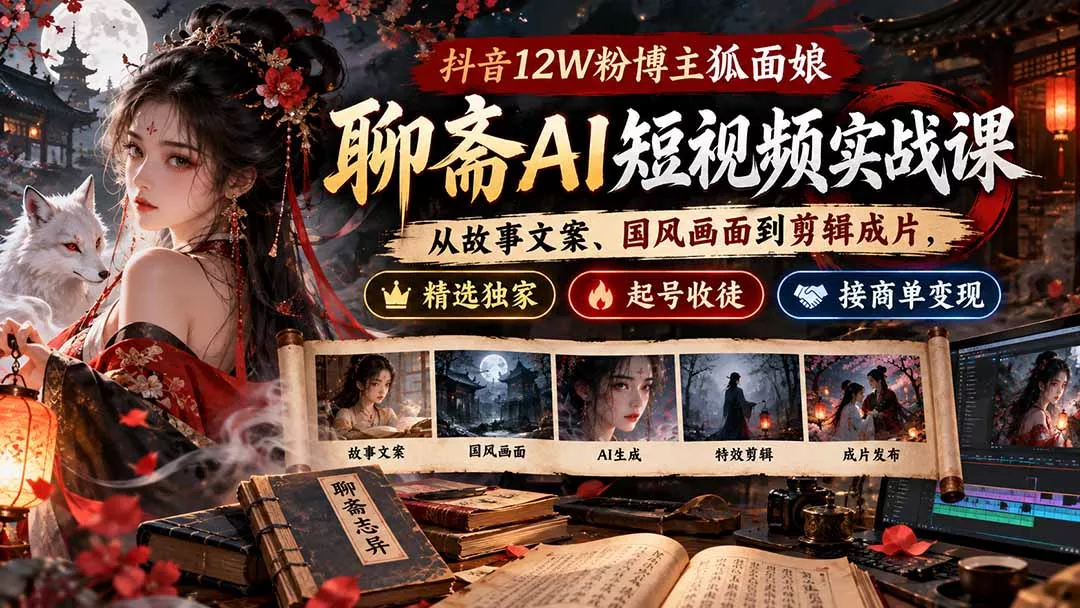 抖音12W粉博主狐面娘-聊斋AI短视频实战课：从故事文案、国风画面到剪辑成片，精选独家+起号收徒+接商单变现 一点学习助手-零基础自学教程-副业项目-兴趣学习-网盘拉新平台-英语启蒙项目资源网