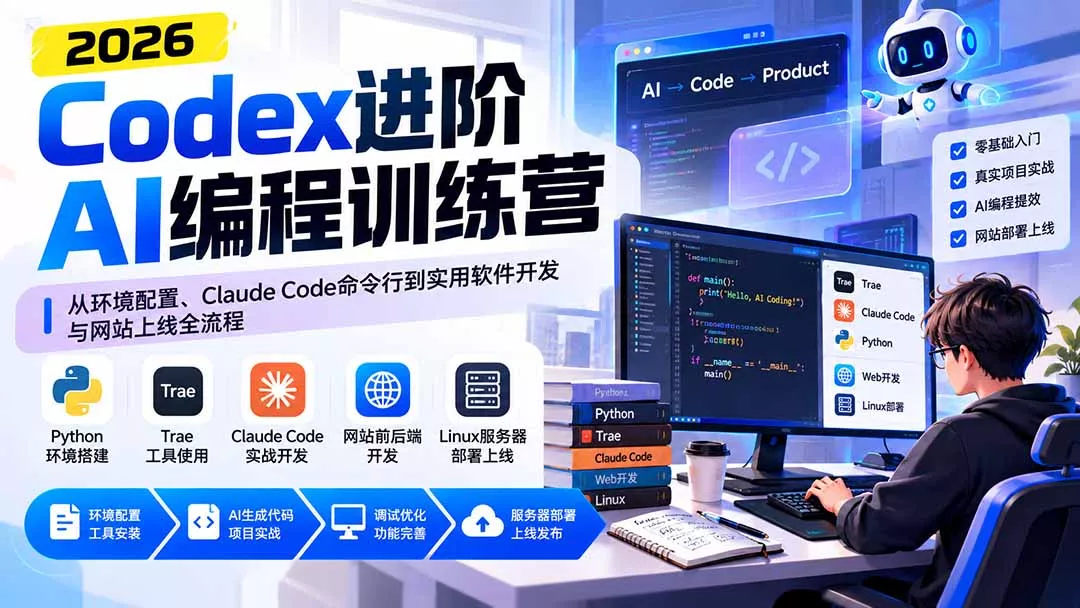 Codex进阶AI编程训练营：从环境配置、Claude Code命令行到实用软件开发与网站上线全流程 一点学习助手-零基础自学教程-副业项目-兴趣学习-网盘拉新平台-英语启蒙项目资源网