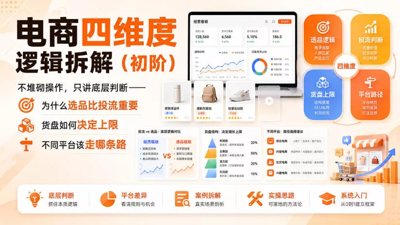 电商四维度逻辑拆解(初阶)不堆砌操作，只讲底层判断——为什么选品比投流重要、货盘如何决定上限、不同平台该走哪条路 一点学习助手-零基础自学教程-副业项目-兴趣学习-网盘拉新平台-英语启蒙项目资源网