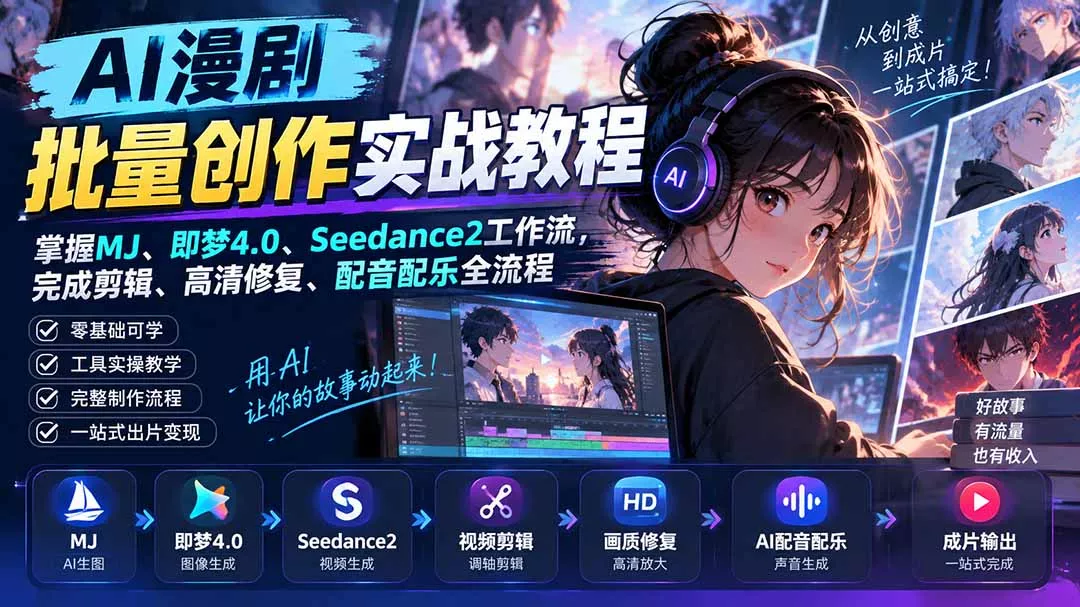 AI漫剧批量创作实战教程：掌握MJ、即梦4.0、Seedance2工作流，完成剪辑、高清修复、配音配乐全流程 一点学习助手-零基础自学教程-副业项目-兴趣学习-网盘拉新平台-英语启蒙项目资源网