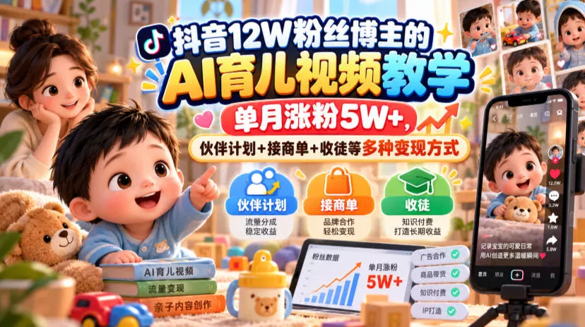 抖音12W粉丝博主的AI育儿视频教学，单月涨粉5W+，伙伴计划+接商单+收徒等多种变现方式 一点学习助手-零基础自学教程-副业项目-兴趣学习-网盘拉新平台-英语启蒙项目资源网