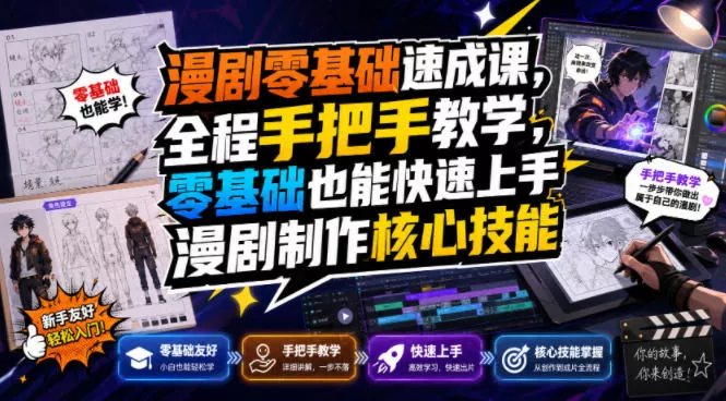 漫剧零基础速成课，全程手把手教学，零基础也能快速上手漫剧制作核心技能 一点学习助手-零基础自学教程-副业项目-兴趣学习-网盘拉新平台-英语启蒙项目资源网