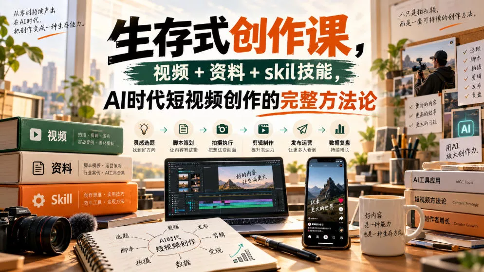 生存式创作课，视频+资料+skil技能，ai时代短视频创作的完整方法论 一点学习助手-零基础自学教程-副业项目-兴趣学习-网盘拉新平台-英语启蒙项目资源网