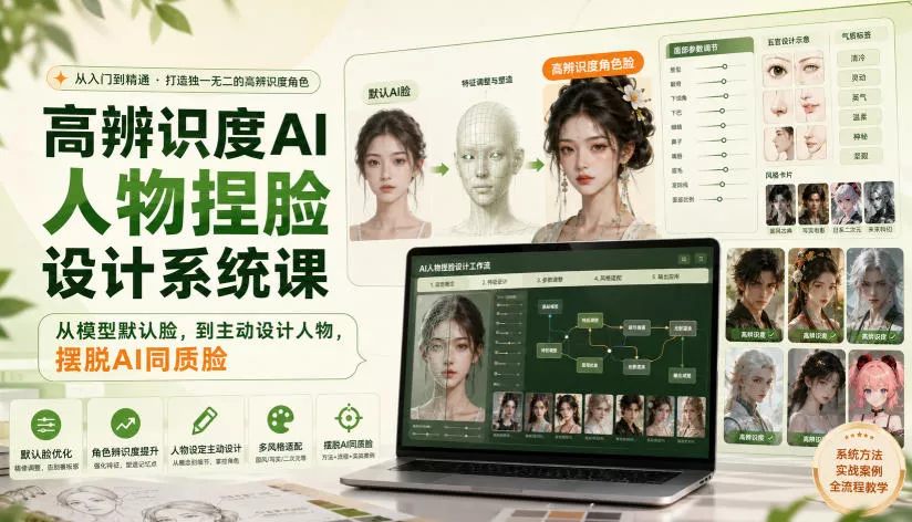 高辨识度AI人物捏脸设计系统课，从模型默认脸，到主动设计人物，摆脱AI同质脸 一点学习助手-零基础自学教程-副业项目-兴趣学习-网盘拉新平台-英语启蒙项目资源网