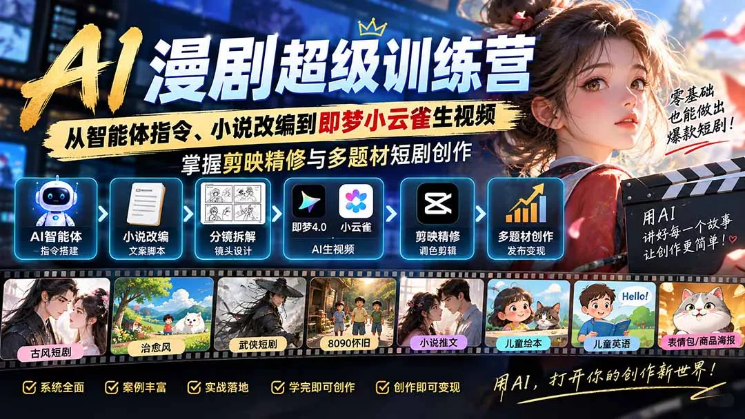 AI漫剧超级特训营：从智能体指令、小说改编到即梦小云雀生视频，掌握剪映精修与多题材短剧创作 一点学习助手-零基础自学教程-副业项目-兴趣学习-网盘拉新平台-英语启蒙项目资源网