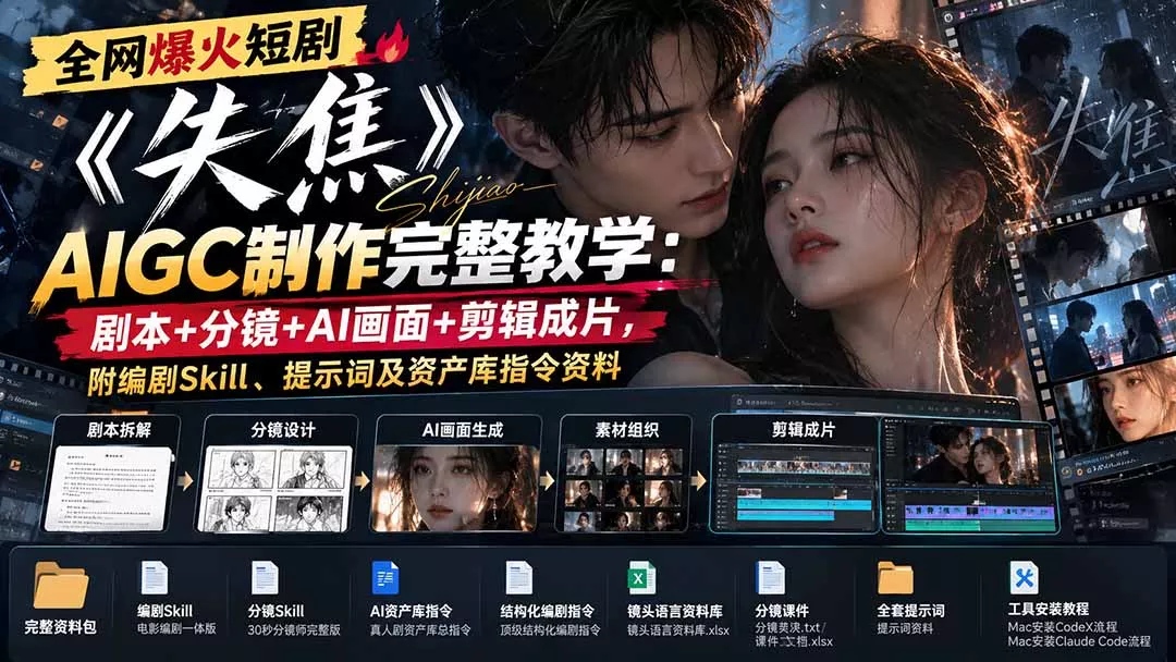 全网爆火短剧《失焦》AIGC制作完整教学：剧本+分镜+AI画面+剪辑成片，附编剧Skill、提示词及资产库指令资料 一点学习助手-零基础自学教程-副业项目-兴趣学习-网盘拉新平台-英语启蒙项目资源网