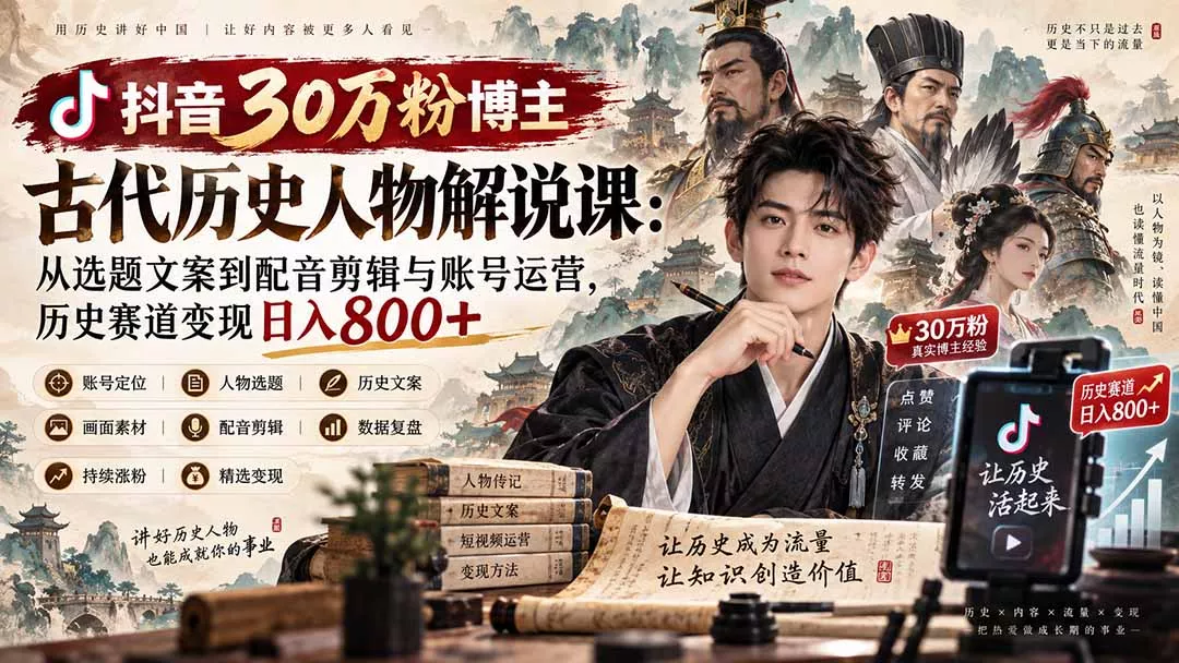 抖音30万粉博主古代历史人物解说课：从选题文案到配音剪辑与账号运营，历史赛道变现日入800+ 一点学习助手-零基础自学教程-副业项目-兴趣学习-网盘拉新平台-英语启蒙项目资源网