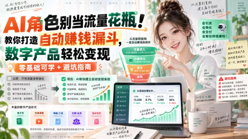 AI角色别当流量花瓶！教你打造自动賺钱漏斗，数字产品轻松变现(零基础可学+避坑指南)【原创双语字幕】 一点学习助手-零基础自学教程-副业项目-兴趣学习-网盘拉新平台-英语启蒙项目资源网