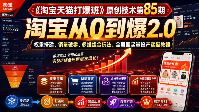 《淘宝天猫打爆班》原创技术第85期，淘宝从0到爆2.0，权重搭建、销量破零、多维组合玩法、全周期起量投产实操教程 一点学习助手-零基础自学教程-副业项目-兴趣学习-网盘拉新平台-英语启蒙项目资源网