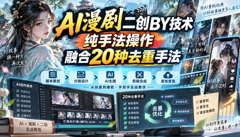 AI漫剧二创搬运技术，纯手法操作，融合20种去重手法 一点学习助手-零基础自学教程-副业项目-兴趣学习-网盘拉新平台-英语启蒙项目资源网