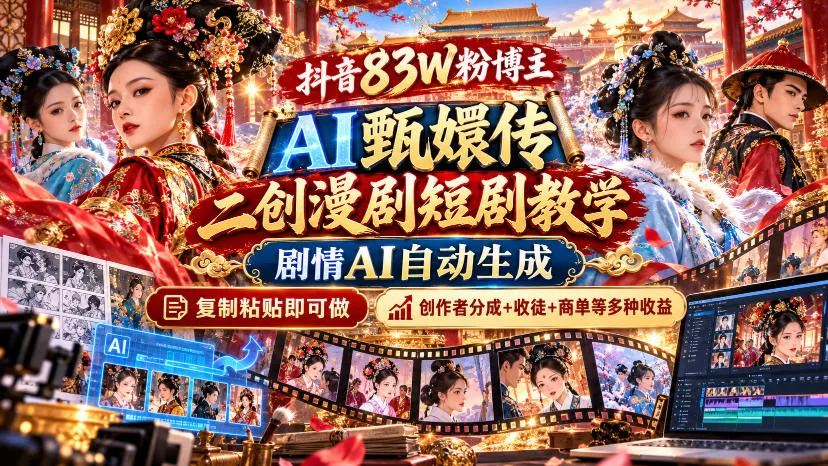 抖音83W粉博主AI甄嬛传二创漫剧短剧教学｜剧情AI自动生成，复制粘贴即可做，各大平台创作者分成+收徒等多种收益 一点学习助手-零基础自学教程-副业项目-兴趣学习-网盘拉新平台-英语启蒙项目资源网