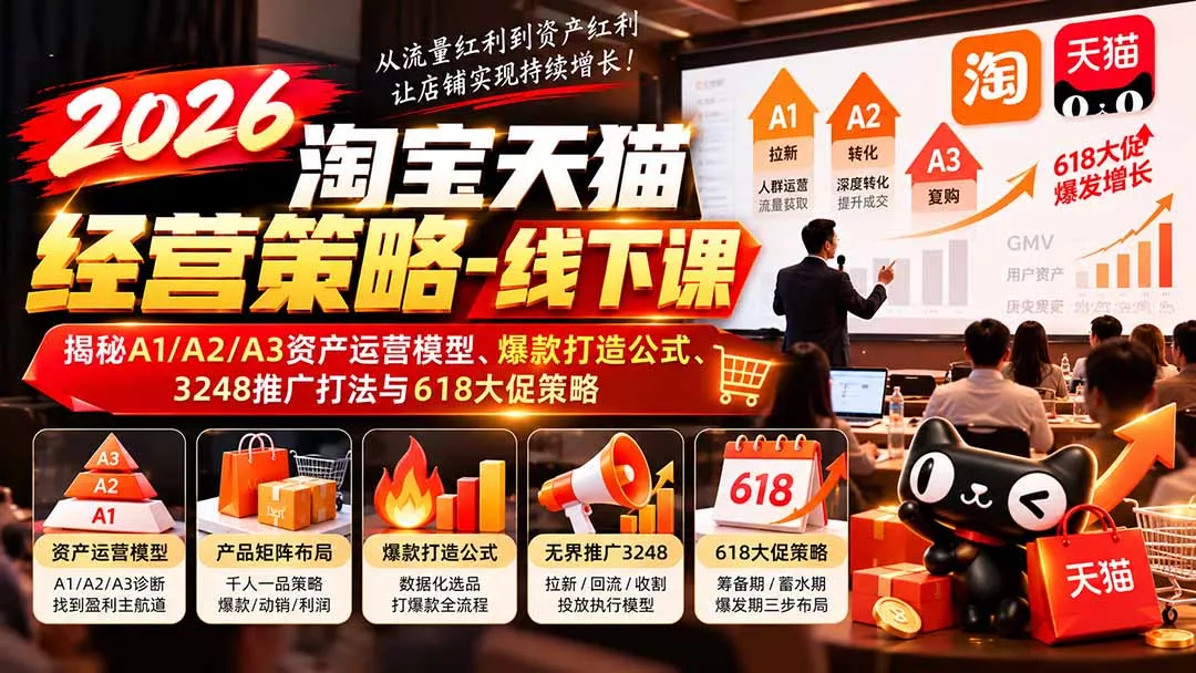 2026淘宝天猫经营策略-线下课：揭秘A1/A2/A3资产运营模型、爆款打造公式、3248推广打法与618大促策略 一点学习助手-零基础自学教程-副业项目-兴趣学习-网盘拉新平台-英语启蒙项目资源网
