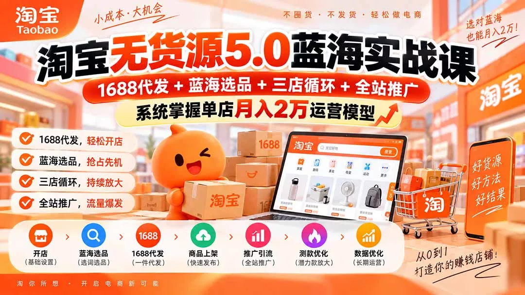 淘宝无货源5.0蓝海实战课-更新0927：1688代发+蓝海选品+三店循环+全站推广，系统掌握单店月入2万运营模型 一点学习助手-零基础自学教程-副业项目-兴趣学习-网盘拉新平台-英语启蒙项目资源网