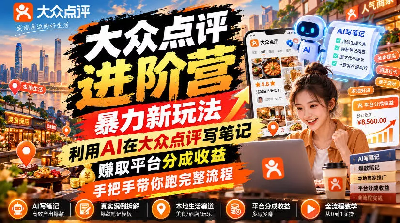 大众点评进阶营，暴力新玩法，利用AI在大众点评写笔记， 賺取平台分成收益，手把手带你跑完整流程 一点学习助手-零基础自学教程-副业项目-兴趣学习-网盘拉新平台-英语启蒙项目资源网