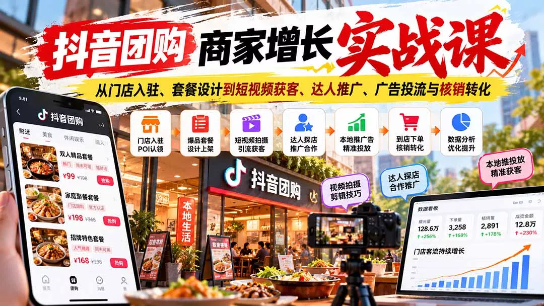 抖音团购商家增长实战课：从门店入驻、套餐设计到短视频获客、达人推广、广告投流与核销转化 一点学习助手-零基础自学教程-副业项目-兴趣学习-网盘拉新平台-英语启蒙项目资源网
