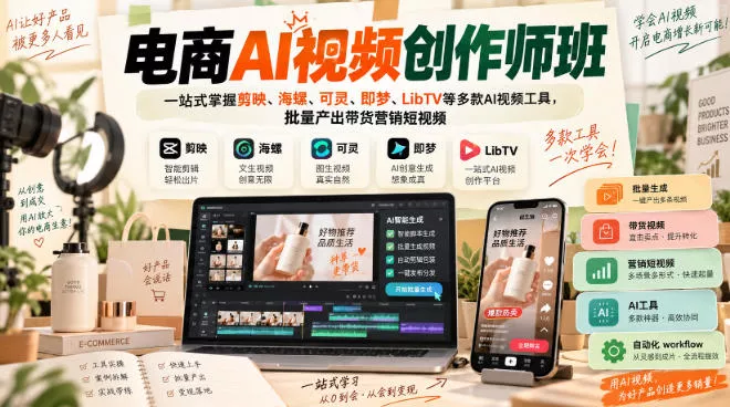 电商AI视频创作师班，一站式掌握剪映、海螺、可灵、即梦、LibTV等多款AI视频工具，批量产出带货营销短视频 一点学习助手-零基础自学教程-副业项目-兴趣学习-网盘拉新平台-英语启蒙项目资源网