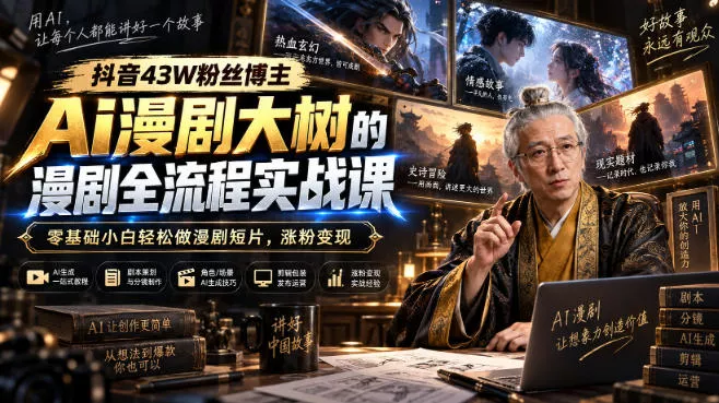 抖音43W粉丝博主Ai漫剧大树的漫剧制作全流程实战课，零基础小白轻松做漫剧短片，涨粉变现 一点学习助手-零基础自学教程-副业项目-兴趣学习-网盘拉新平台-英语启蒙项目资源网