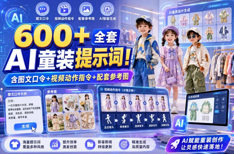 600+全套AI童装提示词！含图文口令+视频动作指令+配套参考图，Word-Excel规整分类，童装电商、种草无脑量产内容！ 一点学习助手-零基础自学教程-副业项目-兴趣学习-网盘拉新平台-英语启蒙项目资源网