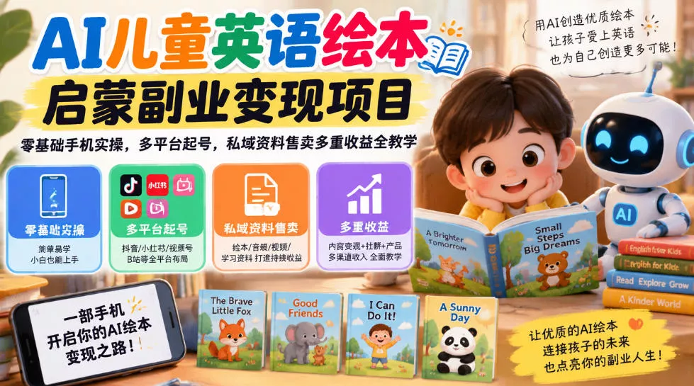 AI儿童英语绘本启蒙副业变现项目，零基础手机实操，多平台起号，私域资料售卖多重收益全教学 一点学习助手-零基础自学教程-副业项目-兴趣学习-网盘拉新平台-英语启蒙项目资源网