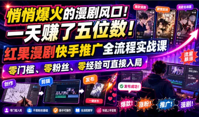 悄悄爆火的漫剧风口！一天賺了五位数！红果漫剧快手推广全流程实战课，零门槛、零粉丝、零经验可直接入局 一点学习助手-零基础自学教程-副业项目-兴趣学习-网盘拉新平台-英语启蒙项目资源网