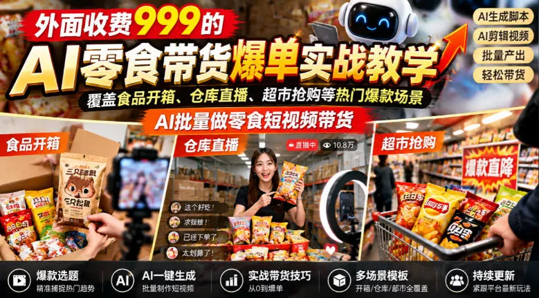 外面收费999的AI零食带货爆单实战教学，覆盖食品开箱、仓库直播、超市抢购等热门爆款场景，AI批量做零食短视频带货 一点学习助手-零基础自学教程-副业项目-兴趣学习-网盘拉新平台-英语启蒙项目资源网