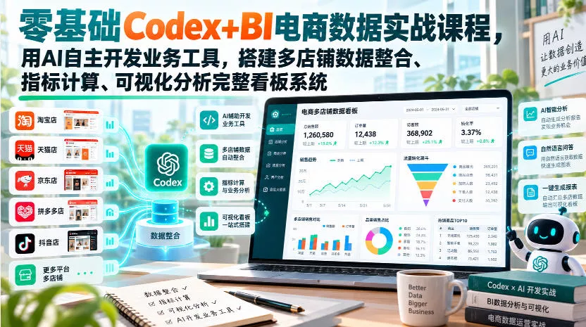 零基础Codex+BI电商数据实战课程，用AI自主开发业务工具，搭建多店铺数据整合、指标计算、可视化分析完整看板系统 一点学习助手-零基础自学教程-副业项目-兴趣学习-网盘拉新平台-英语启蒙项目资源网