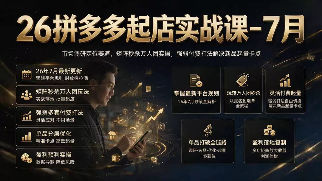 26拼多多起店实战课-7月｜市场调研定位赛道，矩阵秒杀万人团实操，强弱付费打法解决新品起量卡点 一点学习助手-零基础自学教程-副业项目-兴趣学习-网盘拉新平台-英语启蒙项目资源网