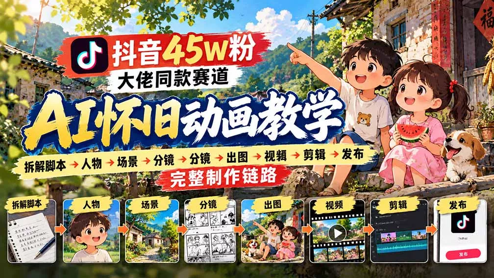 抖音45W粉大佬同款赛道AI怀旧动画教学：拆解脚本→人物→场景→分镜→出图→视频→剪辑→发布完整制作链路 一点学习助手-零基础自学教程-副业项目-兴趣学习-网盘拉新平台-英语启蒙项目资源网