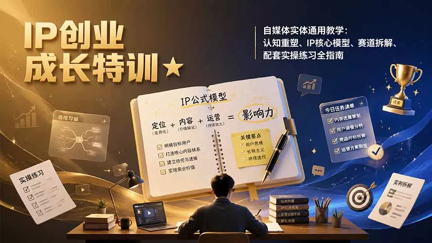 IP创业成长特训★自媒体实体通用教学：认知重塑、IP核心模型、赛道拆解、配套实操练习全指南 一点学习助手-零基础自学教程-副业项目-兴趣学习-网盘拉新平台-英语启蒙项目资源网