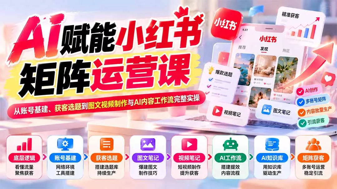 AI赋能小红书矩阵运营课：从账号基建、获客选题到图文视频制作与AI内容工作流完整实操