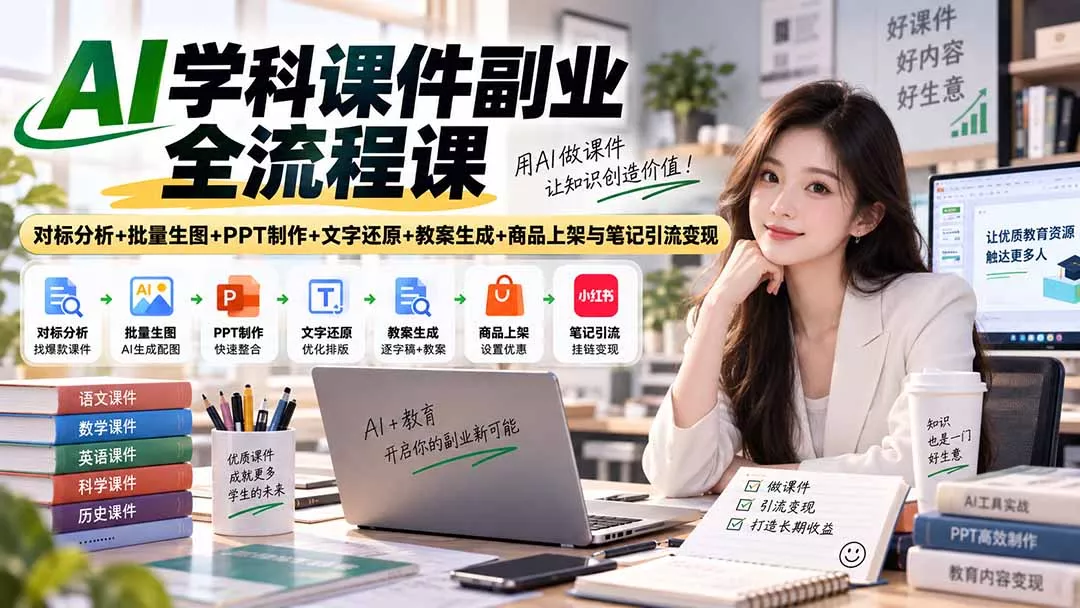 AI学科课件副业全流程课｜对标分析+批量生图+PPT制作+文字还原+教案生成+商品上架与笔记引流变现 一点学习助手-零基础自学教程-副业项目-兴趣学习-网盘拉新平台-英语启蒙项目资源网