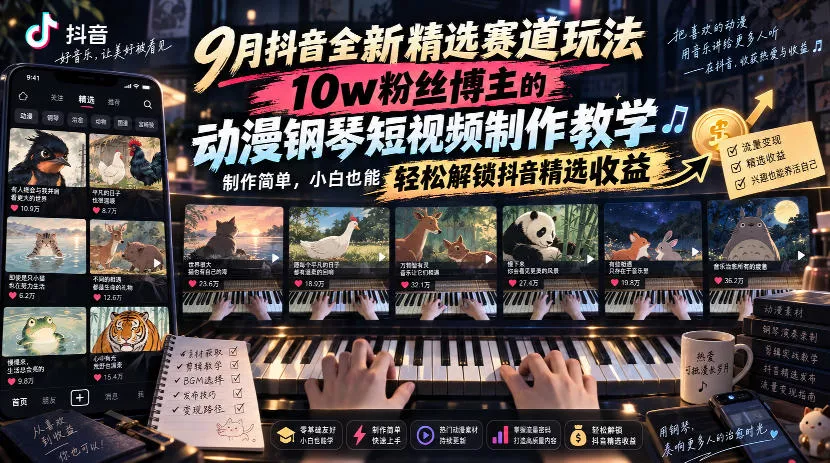 9月抖音全新精选赛道玩法，10w粉丝博主的动漫钢琴短视频制作教学，制作简单，小白也能轻松解锁抖音精选收益 一点学习助手-零基础自学教程-副业项目-兴趣学习-网盘拉新平台-英语启蒙项目资源网