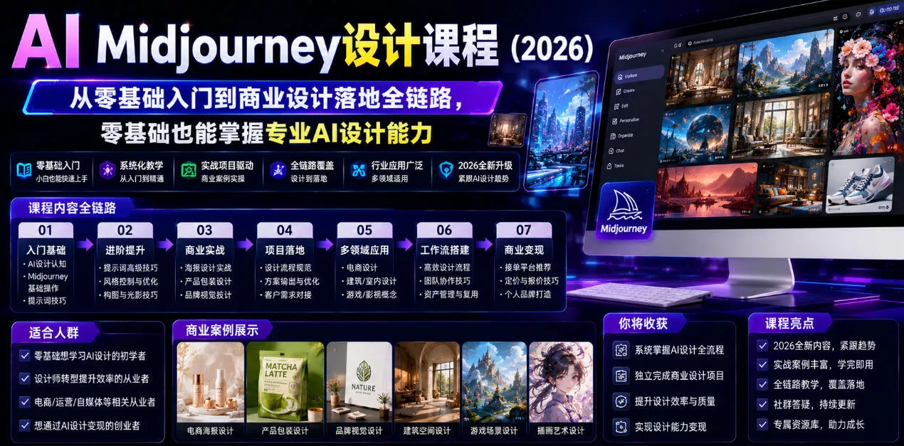 AI Midjourney设计课程(2026)，从零基础入门到商业设计落地全链路，零基础也能掌握专业AI设计能力(更新1007) 一点学习助手-零基础自学教程-副业项目-兴趣学习-网盘拉新平台-英语启蒙项目资源网
