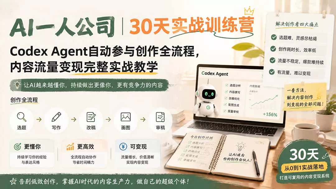 AI一人公司｜30天实战训练营；Codex Agent自动参与创作全流程，内容流量变现完整实战教学 一点学习助手-零基础自学教程-副业项目-兴趣学习-网盘拉新平台-英语启蒙项目资源网