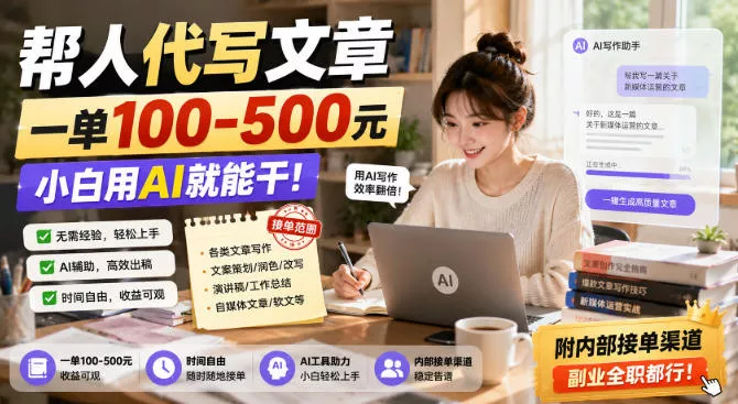 帮人代写文章，一单100-500，小白用AI就能干，附内部接单渠道，副业全职都行【揭秘】 一点学习助手-零基础自学教程-副业项目-兴趣学习-网盘拉新平台-英语启蒙项目资源网