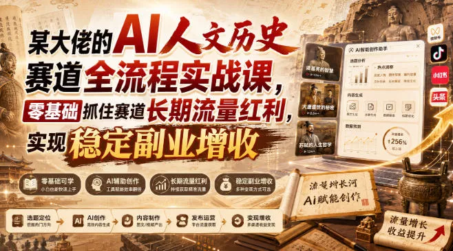 某大佬的AI人文历史赛道全流程实战课，零基础抓住赛道长期流量红利，实现稳定副业增收 一点学习助手-零基础自学教程-副业项目-兴趣学习-网盘拉新平台-英语启蒙项目资源网