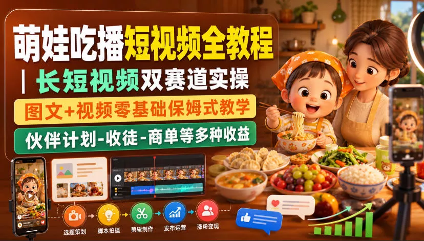 萌娃吃播短视频全教程｜长短视频双赛道实操，图文+视频零基础保姆式教学，伙伴计划-收徒-商单等多种变现方式 一点学习助手-零基础自学教程-副业项目-兴趣学习-网盘拉新平台-英语启蒙项目资源网