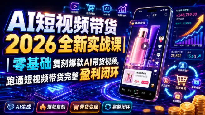 AI短视频带货2026全新实战课｜零基础复刻爆款AI带货视频，跑通短视频带货完整盈利闭环 一点学习助手-零基础自学教程-副业项目-兴趣学习-网盘拉新平台-英语启蒙项目资源网