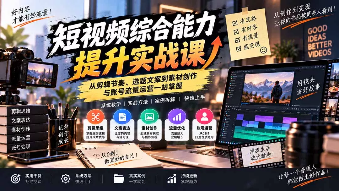 短视频综合能力提升实战课：从剪辑节奏、选题文案到素材创作与账号流量运营一站掌握 一点学习助手-零基础自学教程-副业项目-兴趣学习-网盘拉新平台-英语启蒙项目资源网