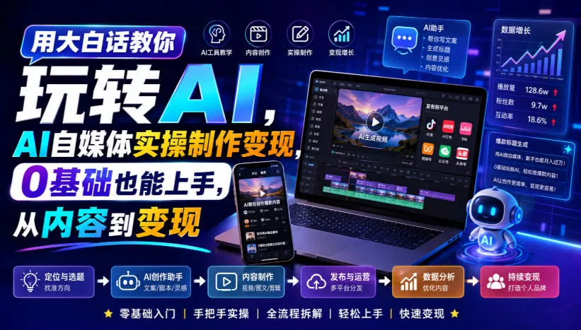 用大白话教你玩转AI，AI自媒体实操制作变现，0基础也能上手，从内容到变现 一点学习助手-零基础自学教程-副业项目-兴趣学习-网盘拉新平台-英语启蒙项目资源网