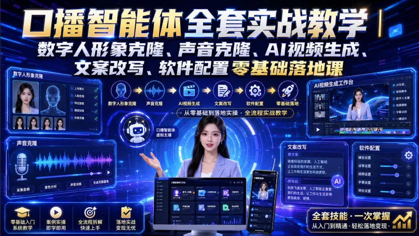 口播智能体全套实战教学｜数字人形象克隆、声音克隆、AI视频生成、文案改写、软件配置零基础落地课 一点学习助手-零基础自学教程-副业项目-兴趣学习-网盘拉新平台-英语启蒙项目资源网