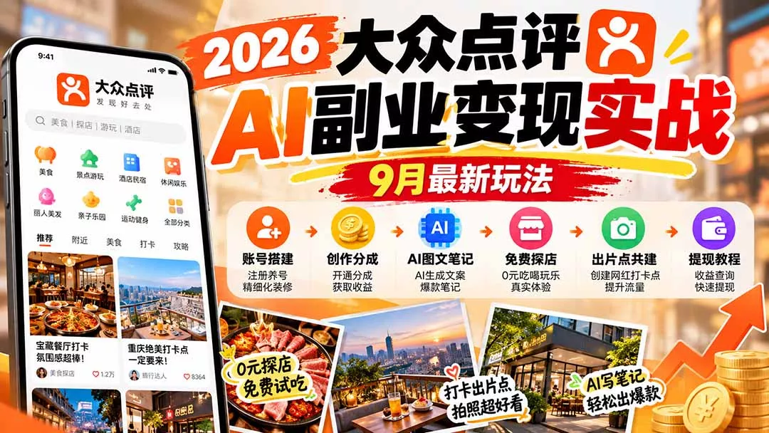 2026大众点评AI副业变现实战9月最新玩法：账号搭建+创作分成+AI图文笔记+免费探店+出片点共建与提现教程 一点学习助手-零基础自学教程-副业项目-兴趣学习-网盘拉新平台-英语启蒙项目资源网