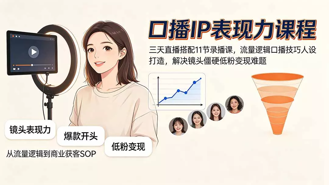 口播IP表现力课程｜三天直播搭配11节录播课，流量逻辑口播技巧人设打造，解决镜头僵硬低粉变现难题 一点学习助手-零基础自学教程-副业项目-兴趣学习-网盘拉新平台-英语启蒙项目资源网