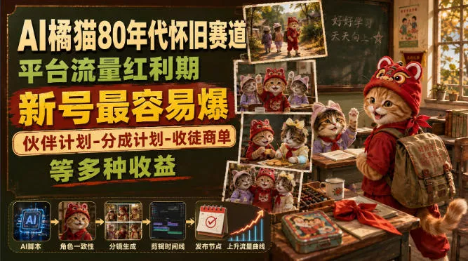 AI橘猫80年代怀旧赛道，平台流量红利期，新号最容易爆，伙伴计划-分成计划-收徒商单等多种收益 一点学习助手-零基础自学教程-副业项目-兴趣学习-网盘拉新平台-英语启蒙项目资源网