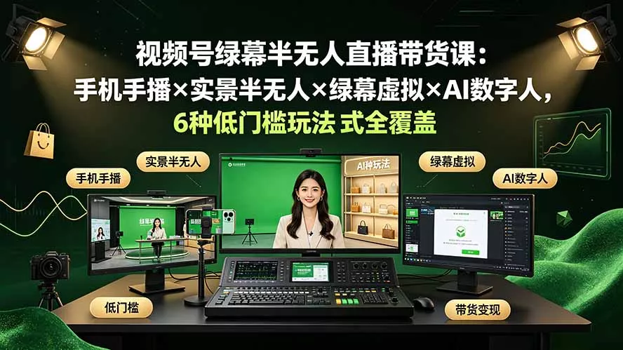 视频号绿幕半无人直播带货课：手机手播×实景半无人×绿幕虚拟×AI数字人，6种低门槛玩法全覆盖 一点学习助手-零基础自学教程-副业项目-兴趣学习-网盘拉新平台-英语启蒙项目资源网